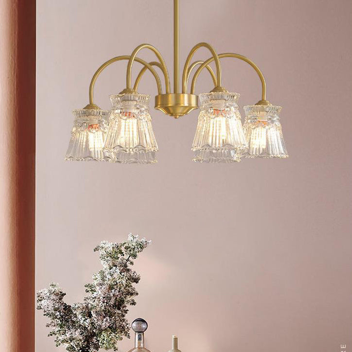 Contemporary Retro Curved Rod Flower Cup Copper Glass 3/5/6 Light Chandelier For Living Room