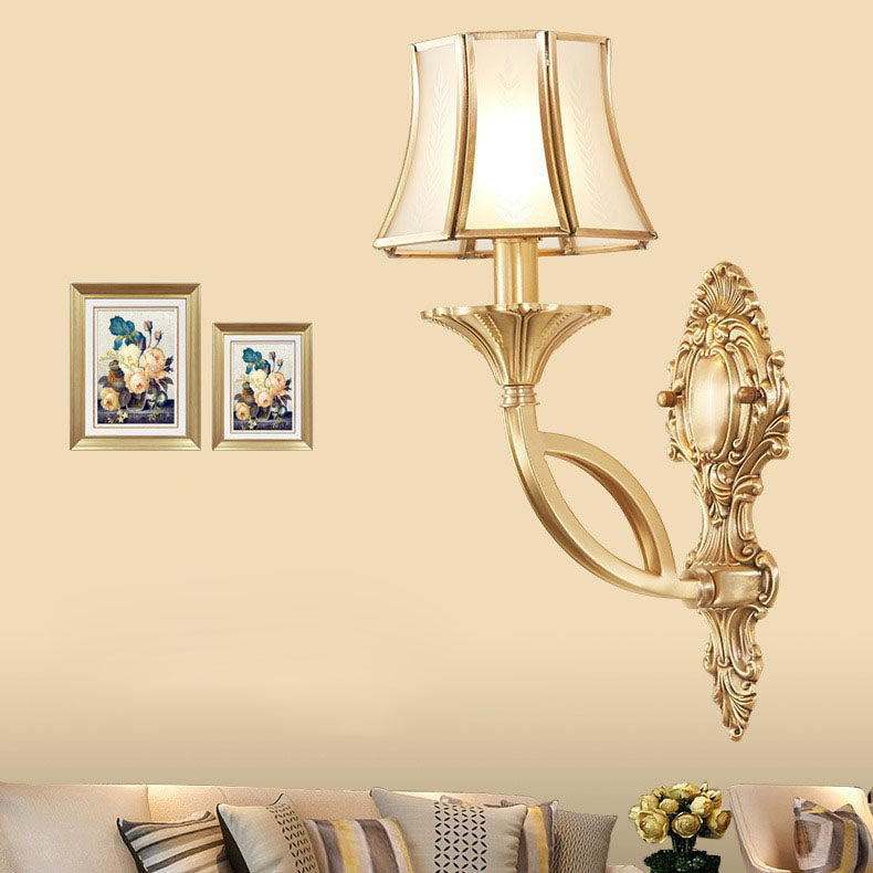 Traditional European Hexagonal Shade Wheat Copper Glass 1/2 Light Wall Sconce Lamp For Living Room