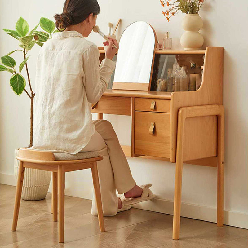 Traditional Japanese Half Arc Square Fabric Wood Vanity Stool Backless Armless For Bedroom