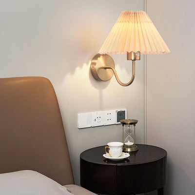 Modern Minimalist Pleated Disc Base Iron Fabric 1-Light Wall Sconce Lamp For Bedroom