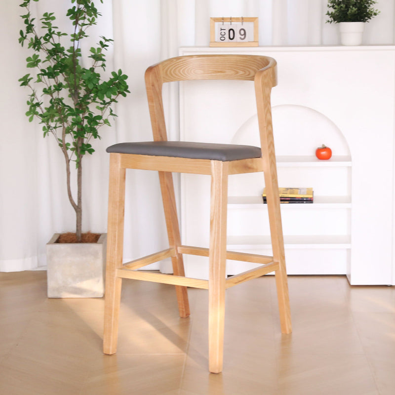 Contemporary Nordic Square Curved Fabric Wood Bar Stool Backrest Footrest For Dining Room