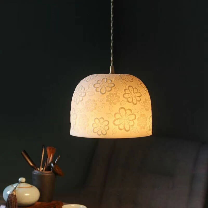 Luminaire suspendu à tambour rond en céramique à motif floral vintage nordique à 1 lumière 