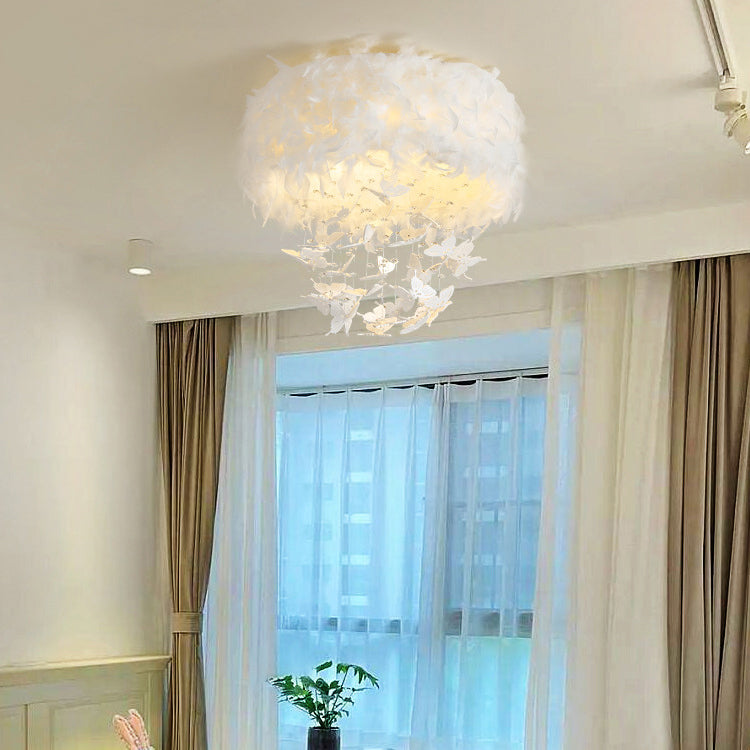 Contemporary Scandinavian Butterfly Feather Round Crystal Turkey Feather Iron LED Flush Mount Ceiling Light For Bedroom