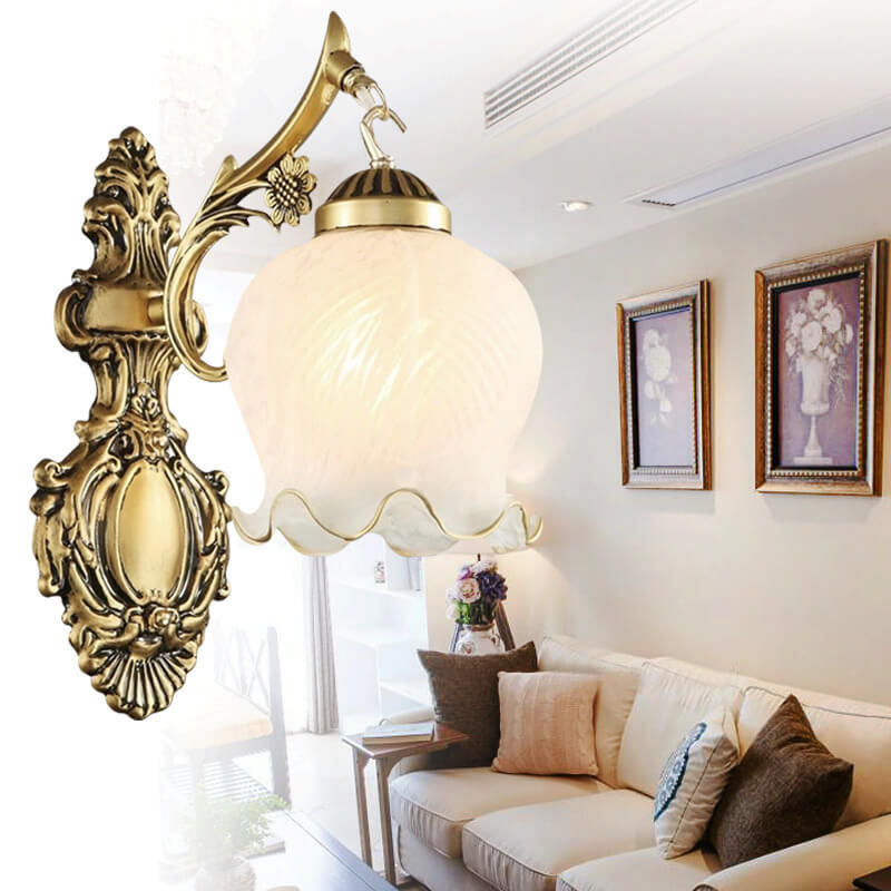 European Light Luxury Full Copper Flower Shade 1/2- Light Wall Sconce Lamp