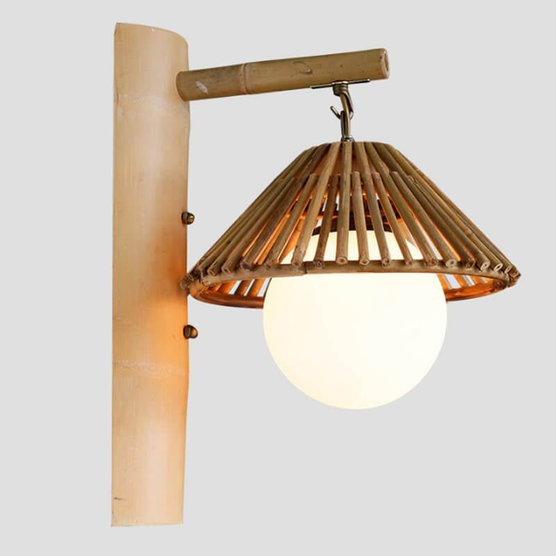 Modern Cone Bamboo Wood Rattan 1-Light Wall Sconce Lamp