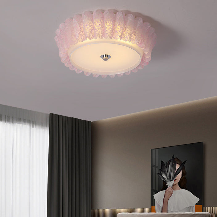 Contemporary Nordic Iron Acrylic Round Pleat Lace LED Flush Mount Ceiling Light For Bedroom