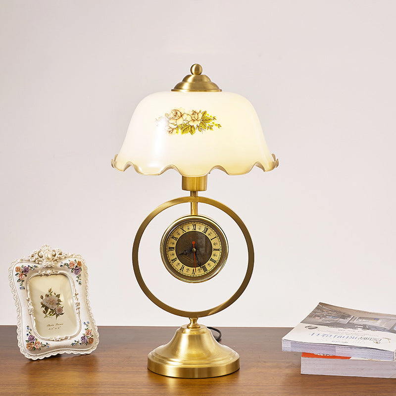 Contemporary Retro Ruffled Glass Shade Antique Copper Clock Base 1-Light Table Lamp For Home Office