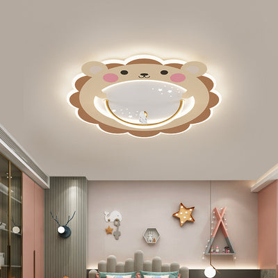 Modern Art Deco Kids Aluminum Acrylic Penguin Panda Lion Sheep Round LED Flush Mount Ceiling Light For Bedroom