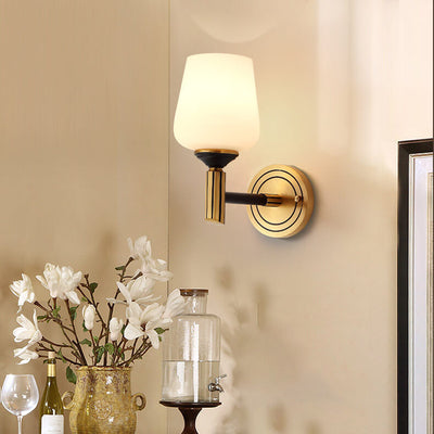 Traditional European Cylindrical Cup All Brass Glass 1-Light Wall Sconce Lamp For Bedroom