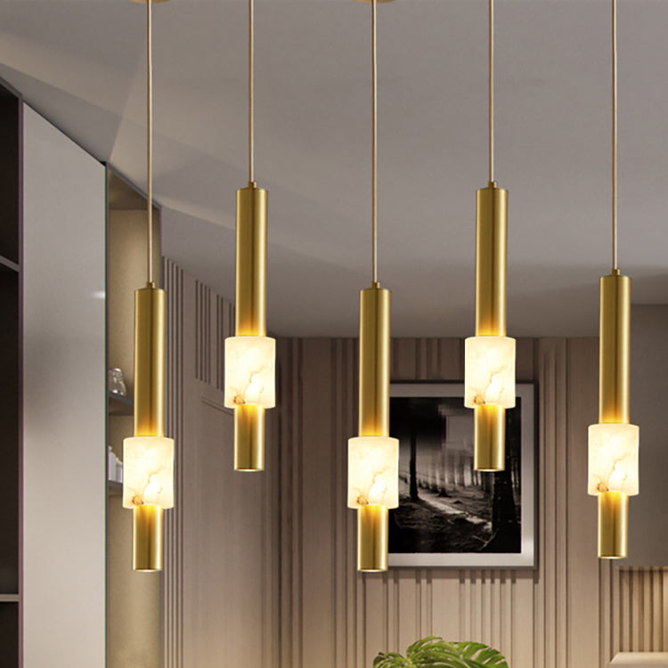 Contemporary Luxury Copper Long Strip Marble Shade LED Pendant Light For Living Room