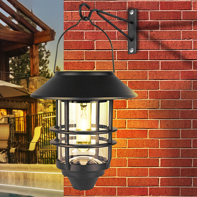 Contemporary Retro Solar Waterproof Aluminum Glass Lantern Cylinder 1-Light Hanging Wall Sconce Lamp For Outdoor Patio