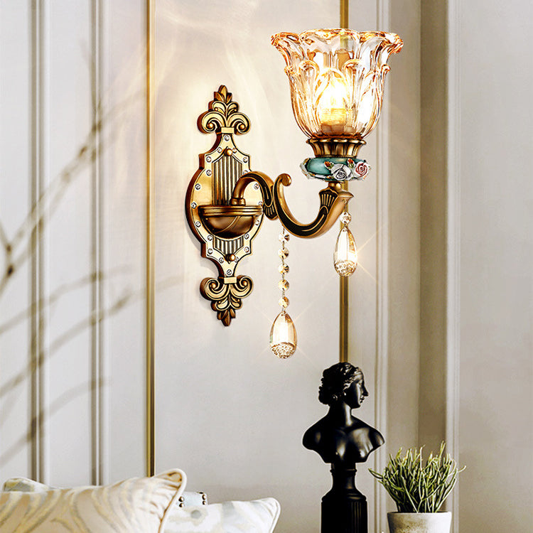 Traditional European Floral Zinc Alloy Resin Crystal Glass 1-Light Wall Sconce Lamp For Hallway