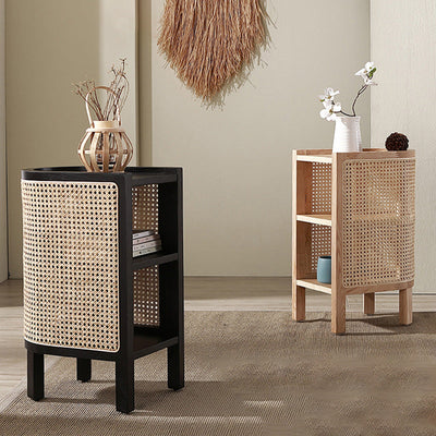 Traditional Japanese Weaving Semicircular Elliptical Rattan Ash Wood Nightstand 2-Storage For Bedside