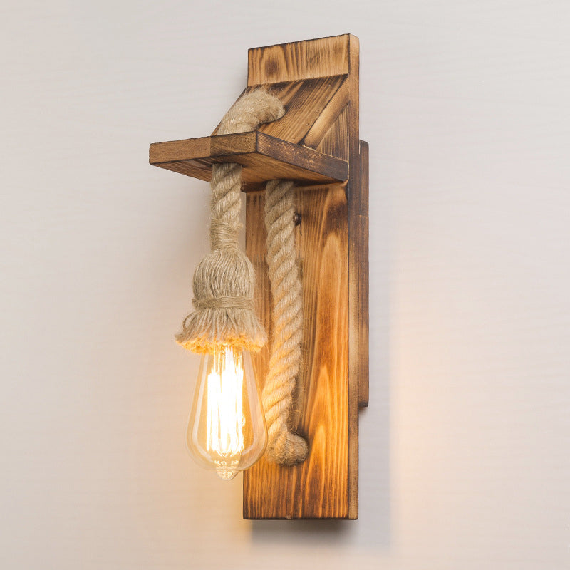 Contemporary Industrial Rectangular Wood Hemp Rope 1-Light Wall Sconce Lamp For Living Room