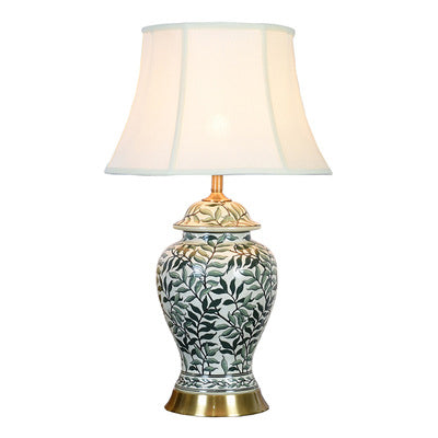 Contemporary Retro Lotus Leaves Pattern Ceramic Linen 1-Light Table Lamp For Bedroom