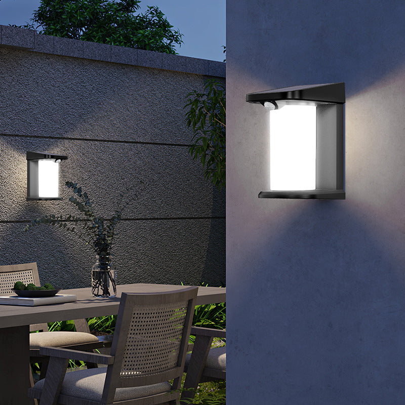 Contemporary Industrial Solar Waterproof Cylinder Shade LED Human Sensor Wall Sconce Lamp For Outdoor Patio