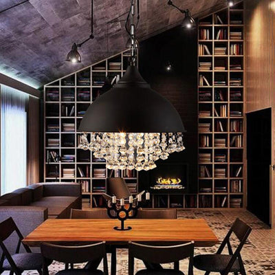 Contemporary Industrial Round Dome Crystal Iron 1-Light Pendant Light For Living Room