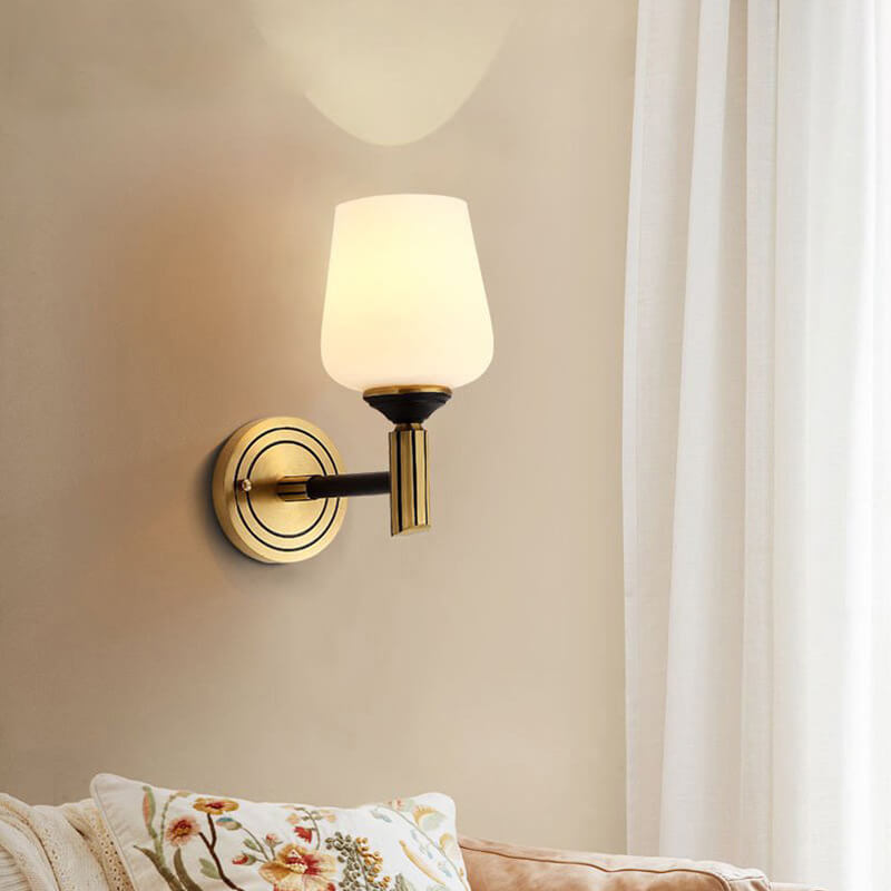 Traditional European Cylindrical Cup All Brass Glass 1-Light Wall Sconce Lamp For Bedroom