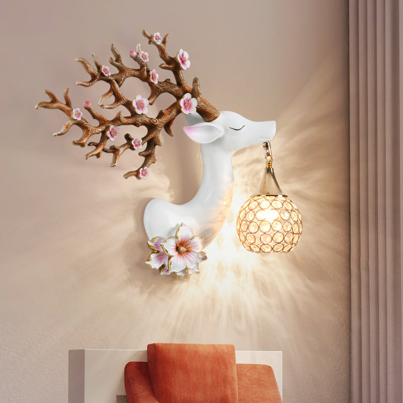European Creative Resin Antler Crystal Ball Shade 1-Light Wall Sconce Lamp