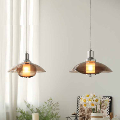 Contemporary Nordic Amber Glass Disc Iron 1-Light Pendant Light For Living Room