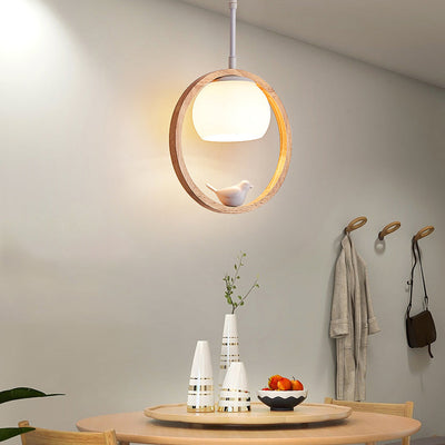 Contemporary Scandinavian Round Bird Wood Glass 1-Light Pendant Light For Living Room