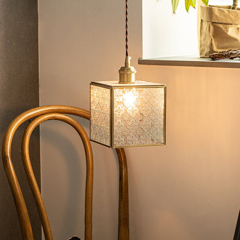 Vintage Clear Patterned Glass Cone Square Copper 1-Light Pendant Light