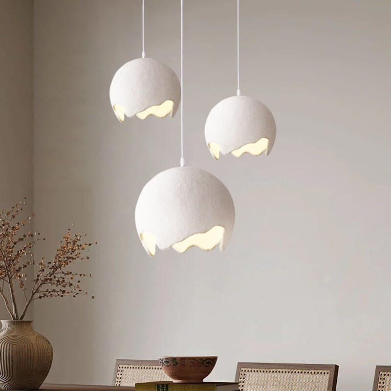 French Modern Cream Eggshell Shape Resin Iron 1-Light Pendant Light