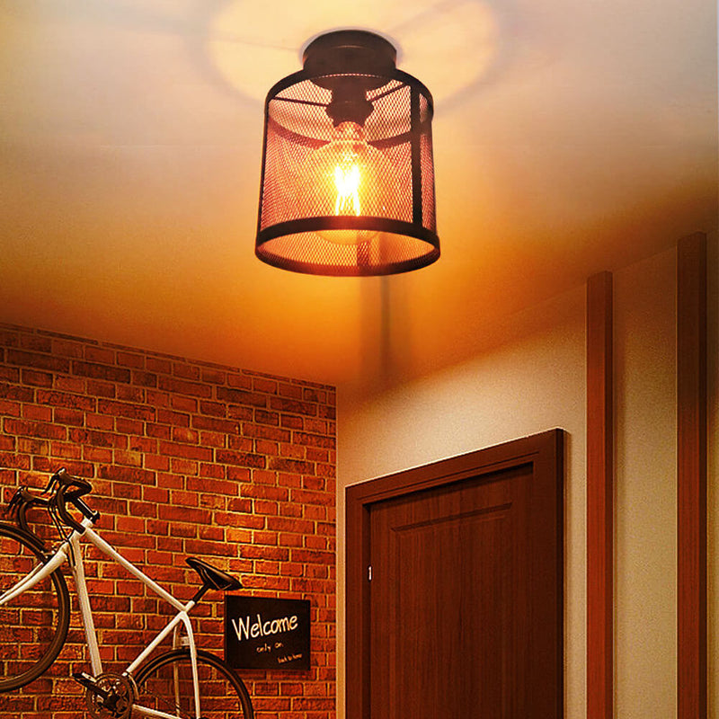 Industrial Vintage Iron Mesh Cylinder 1-Light Semi-Flush Mount Ceiling Light