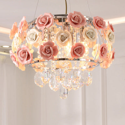 Modern Minimalist Rose Round Crystal Branch Crystal Iron 5/6 Light Chandelier For Living Room