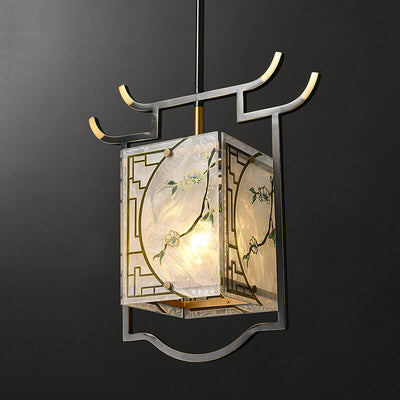 Traditional Chinese Quadrilateral Copper Lucite Enameled 1 Light Pendant Light For Living Room