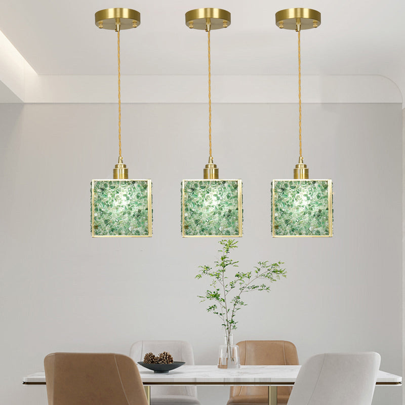 Modern Luxury Square Cube Gold Copper Frame Glass Shade 1-Light Pendant Light For Living Room