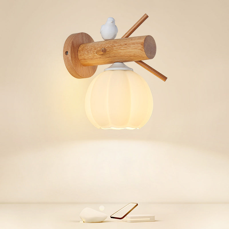 Modern Minimalist Pumpkin Bird Wood PE 1-Light Wall Sconce Lamp For Bedroom