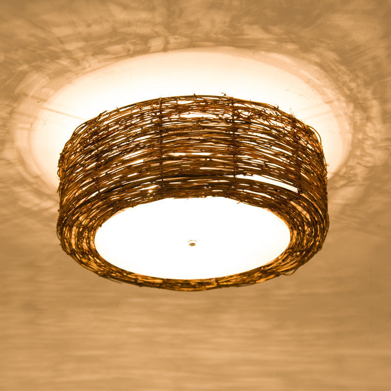 Traditional Rustic Rattan Weaving Cylinder 1-Light Flush Mount Ceiling Light For Living Room