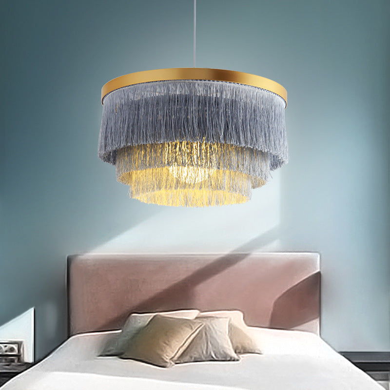 Contemporary Scandinavian Tassel Round Silk Polyester Iron 1-Light Pendant Light For Bedroom