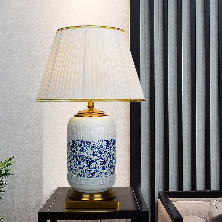 Traditional Chinese Cylinder Round Table Square Base Copper Ceramic Fabric 1-Light Table Lamp For Bedroom