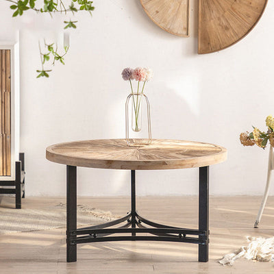 Traditional Japanese Round Wood Iron Coffee Table 1-Tier For Living Room