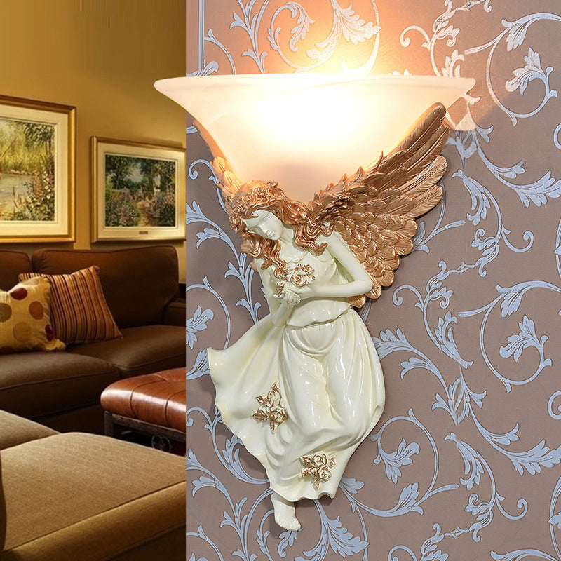 Traditional European Resin Angel Wing Glass Cup Shade 1-Light Wall Sconce Lamp For Living Room