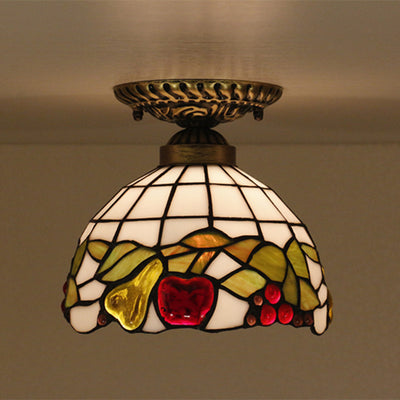 Traditional Tiffany Hemisphere Disc Base Apple Leaf Lattice Iron Stained Glass 1-Light Semi-Flush Mount Ceiling Light For Bedroom