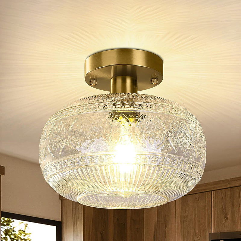 Modern Minimalist Round Patterned Spherical Glass Crystal Iron 1-Light Semi-Flush Mount Ceiling Light For Living Room