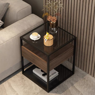 Modern Minimalist Square Marble Glass Iron End Table 2-Tier For Living Room