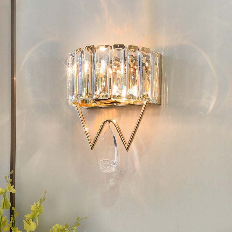 Modern Dazzling Prismatic Crystal Shade Electroplated Iron 2-Light Wall Sconce Lamp