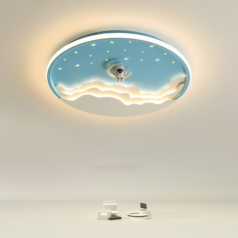 Contemporary Creative Kids Round Cloud Astronaut Iron LED Flush Mount Ceiling Light For Bedroom