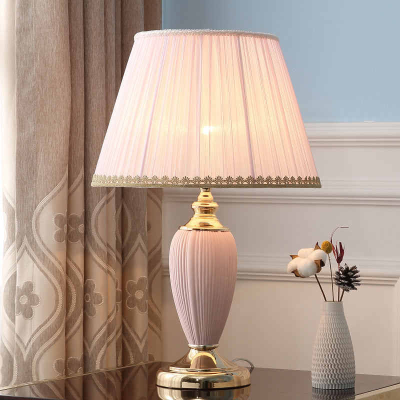 Traditional European Pleated Fabric Shade Ceramic Column Base 1-Light Table Lamp For Bedroom