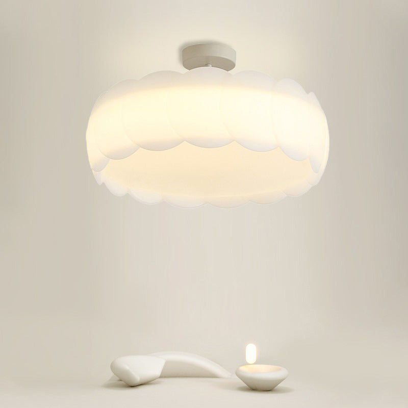 Modern Minimalist Cream Round Lace Hardware PE LED Semi-Flush Mount Ceiling Light For Bedroom