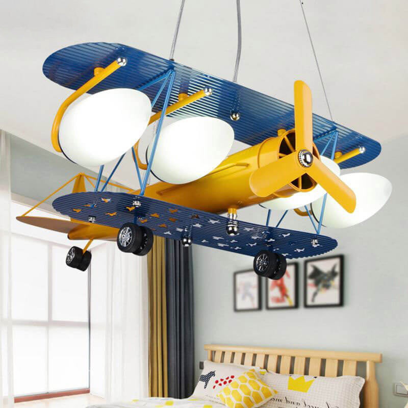 Contemporary Creative Cartoon Metal Aircraft Glass Shade 5-Light Kids Chandelier For Bedroom