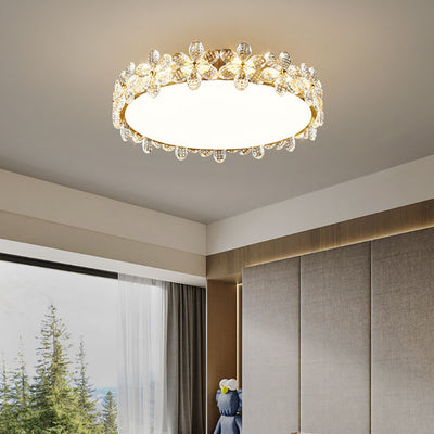 Contemporary Creative Cylindrical Cherry Blossom Copper Glass Crystal LED Semi-Flush Mount Ceiling Light For Living Room