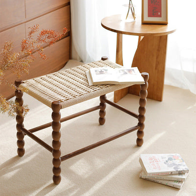 Traditional Chinese Rectangular Woven Seat Gourd Wooden Legs Footstool For Living Room