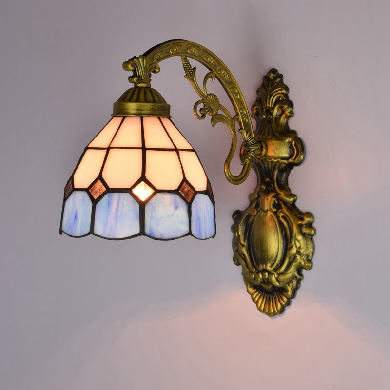 Traditional Tiffany Iron Stained Glass Flower 1-Light Wall Sconce Lamp For Living Room