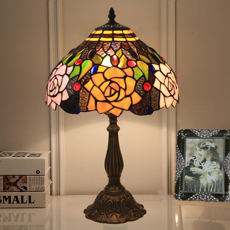 Traditional Tiffany Bloom Floral Stained Glass 1 - Light Table Lamp For Bedroom