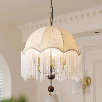 Traditional French Round Tassel Iron Wood Fabric 3-Light Pendant Light For Living Room